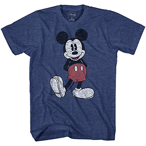 Disney Herren Full Size Mickey Mouse Distressed Look T-Shirt, Marineblau meliert, X-Groß von Disney