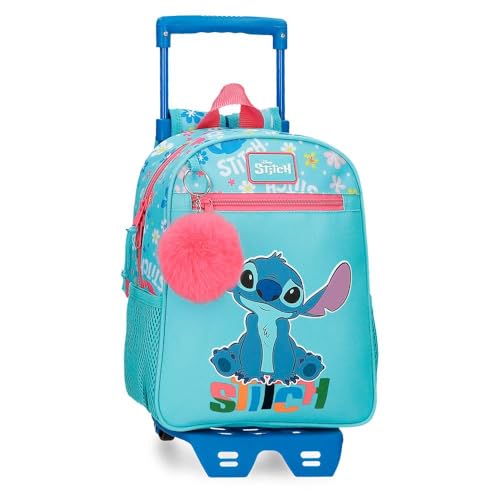 Disney Joumma Aloha Stitch Schulrucksack für Kinder, aus Polyester, breite und verstellbare Träger, Fronttasche., blau, Rucksack 28 + Trolley von Disney