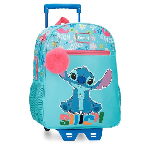 Disney Joumma Aloha Stitch Schulrucksack für Kinder, aus Polyester, breite und verstellbare Träger, Fronttasche., blau, Rucksack 33 + Trolley von Disney