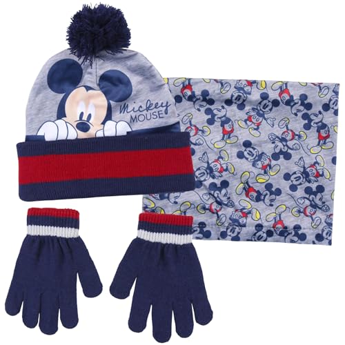 Disney Jungen Mickey Mouse 3-teiliges Winter-Set mit Bommelmütze + Handschuhe + Schal, blau / rot, 2-8 Jahre von Disney