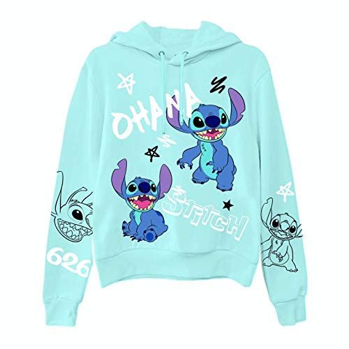 Disney Ladies Lilo and Stitch Sweatshirt - Ladies Classic Lilo and Stitch Hoodie with Sleeve Print (Light Blue Hoodie, Large) von Disney