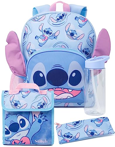 Disney Lilo and Stitch Mädchen Rucksack | Kinder Alien Charakter Merchandise 3D Ohren Schulrucksack Federmäppchen und Wasserflasche | Back to School Bag Geschenke, blau, Einheitsgröße von Disney