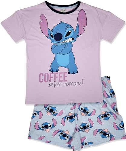 Disney Lilo & Stitch Damen-Pyjama-Set, 100 % gekämmte Baumwolle, Überhang-Schultern, kurz, Gr. 36-54, "Kaffee - Kurz", 16-18 von Disney