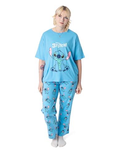 Disney Lilo & Stitch Damen Pyjama-Set | Kurzarmoberteil mit Stichgrafik für Erwachsene und Pyjamahose mit langem Bein in Blau | Damen-Nachtwäsche mit Charakter-Allover-Print von Disney