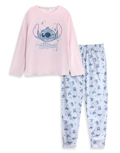 Disney Lilo & Stitch Damen-Pyjama-Set aus Veloursfleece in Rosa mit Langen Ärmeln | Nachtwäsche mit Cartoon-Figuren-Print | Bequeme Loungewear für die Nacht von Disney