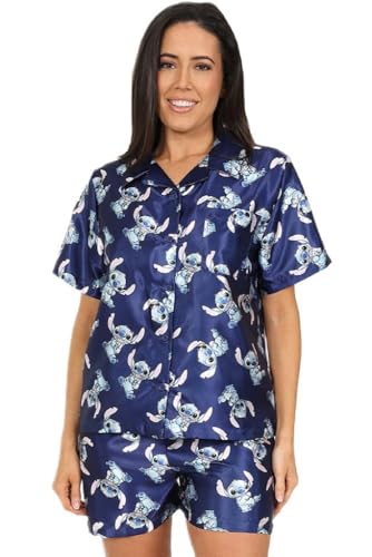 Disney Lilo & Stitch Damen Schlafanzug Kurz Satin Pyjama Set Sommer Zweiteiliger Schlafanzug für Frauen Seidensatin Größen 36-46, weiß, 10-12 von Disney