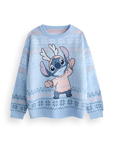 Disney Lilo & Stitch Damen Weihnachtspullover in Blau | Warmer grafischer Strickpullover für Erwachsene | Festliches Feiertags-Langarm-Strickoberteil | Lustiger Strickpullover, Film-Merchandise von Disney