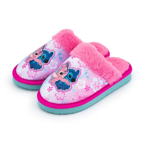 Disney Lilo & Stitch Hausschuhe für Mädchen, niedliche Stitch & Angel bestickte Pantoffeln mit Kunstfellfutter, rutschfester Sohle und gepolstertem Absatz, Kinder-Hausschuhe, Schuhgröße 45-37, rose von Disney