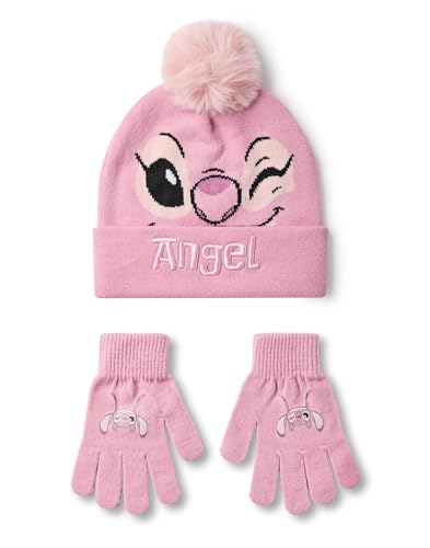 Disney Lilo & Stitch Mädchen-Beanie-Mütze und Handschuhe-Set | Rosa gestrickte Wintermütze mit Engelsgesicht | Bommelmütze für Kinder in Einheitsgröße mit Handschuhen mit Wärmeübertragungsdruck von Disney