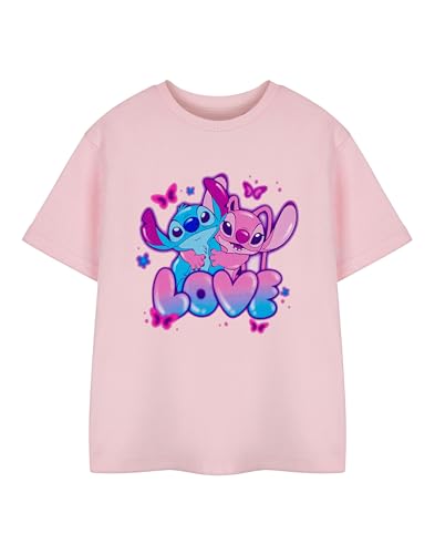 Disney Lilo & Stitch Mädchen T-Shirt | Kinder lieben Kurzarm-Grafik-T-Shirt in Rosa | Niedliche Zeichentrickfigur Kleidung Engel Alien | Bequemes Baumwolltop für Kinder und Jugendliche | Film von Disney