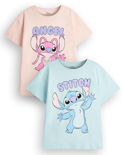 Disney Lilo & Stitch Mädchen-T-Shirt im 2er-Pack | Kurzarm-Grafik-T-Shirt für Kinder im 2er-Set in Hellblau und Rosa | Stitch & Angel Alien süßes Kleidungspaket | Merchandise-Geschenk zur Filmreihe von Disney