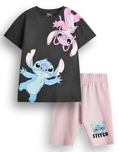 Disney Lilo & Stitch Mädchen T-Shirt & Shorts Set | Kinder Dunkelgrau Kurzarm Grafik T-Shirt & Rosa Radhose Komplettes Outfit | Stitch & Angel Bekleidungspaket | Filmserie Merchandise Geschenk von Disney