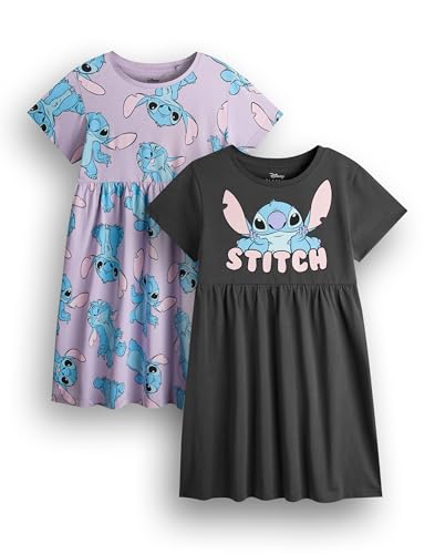 Disney Lilo & Stitch Mädchenkleid 2er-Pack | Dunkelgraue und lavendelfarbene, kurzärmlige Sommerkleider mit grafischer Tageskleidung | Stitch Alien Cute Multi-Pack Kleidungsset | Film Merchandise von Disney