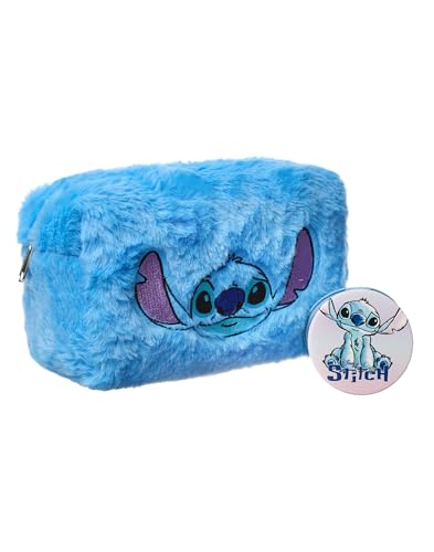 Disney Lilo & Stitch Make-up-Tasche und Spiegel | Damen-Kosmetiktasche aus blauem Pelz mit Stitch-Charakter-Gesicht | Reisekosmetiketui und Taschenspiegel fur Erwachsene und Jugendliche von Disney