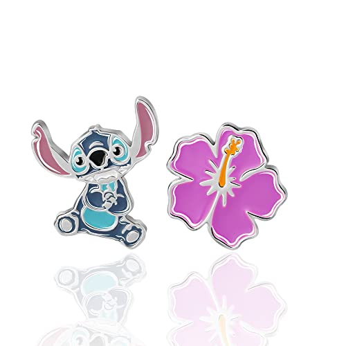 Disney Lilo & Stitch Ohrstecker – Mismatch Blume und Stitch oder Engel und Stitch Ohrstecker – Disney Ohrringe – Disney Schmuck, Sterling Silber, Zirkonia von Disney