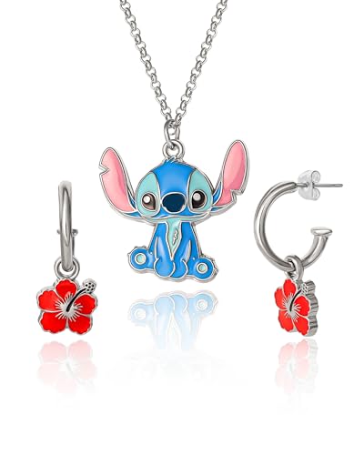 Disney Lilo & Stitch Schmuck-Set, offizielle Lizenz, Blumen-Charm-Creolen und Halskette mit 16 + 3 Stichen, Modeschmuck-Set, Modisch, Kein edelstein von Disney