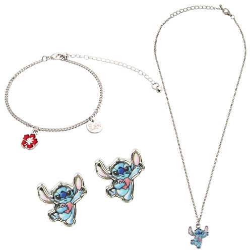 Disney Lilo und Stitch Schmuck Set Mädchen, Halskette & Armband Mädchen oder 3er-Set Ohrringe - Mädchen Geschenke (Silber Schmuckset) von Disney