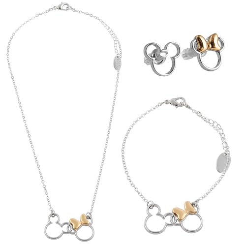 Disney Lilo und Stitch Schmuckset, Mickey & Minnie Mouse Ohrringe Armband Halsband Schmuckkästchen - Mädchen Geschenke (Silber Minnie Mickey) von Disney