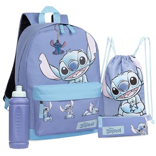 Disney Lilo und Stitch Schulrucksack Mädchen Set mit Schulranzen, Turnbeutel, Federmäppchen, Trinkflasche 470 ml & Keyring - Stitch Sachen von Disney