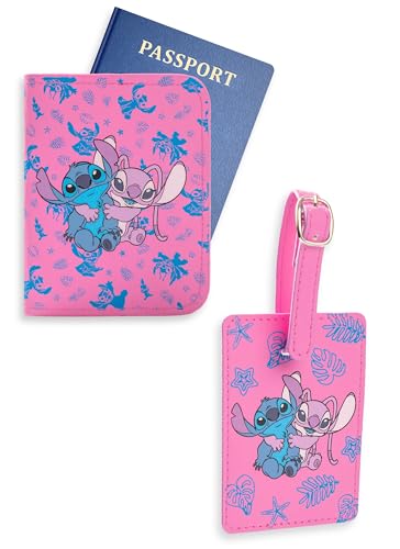 Disney Lilo & Stitch Stitch & Angel Pink Wallet Geschenkset | Reisedokument Organizer | Unisex Kinder Zubehör mit Blattmuster | Retro Cartoon Style Merch von Disney