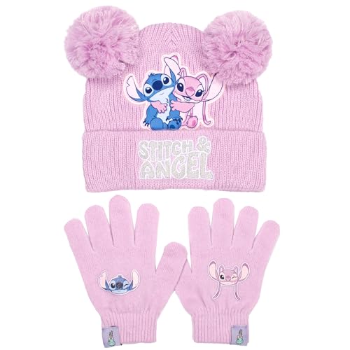 Disney Lilo & Stitch Wintermütze & Handschuhe Set für Mädchen - Warme & Kuschelige Beanie Mütze & Handschuhe - Perfekt für Kinder im Alter von 6-12 Jahren, rose, One size von Disney