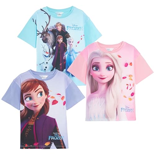 Disney Mädchen 3er Pack Frozen T-Shirts Kinder Elsa Anna Dress Up Tops Baumwolle Tees Frozen Geschenk, multi, 3-4 Jahre von Disney
