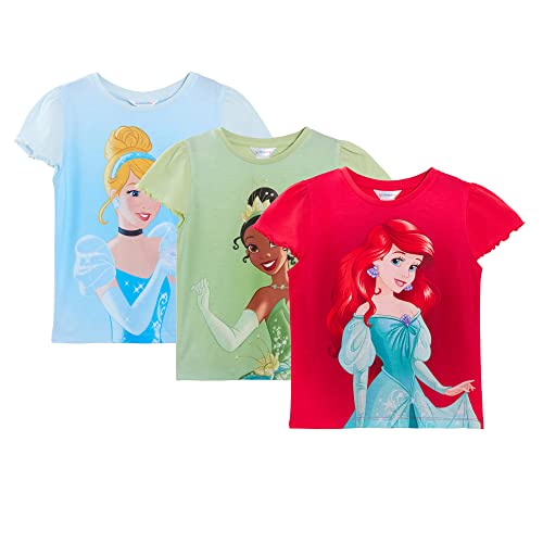 Disney-Prinzessin-T-Shirts für Mädchen, 3er-Pack, kurzärmlige T-Shirts für Kinder, Ariel, die kleine Meerjungfrau, Tiana und Aschenputtel von Disney