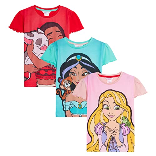 Disney Mädchen 3er-Pack Prinzessinnen-T-Shirts Kinder Jasmine Moana Rapunzel Dress Up Top Kurzarm-T-Shirts von Disney