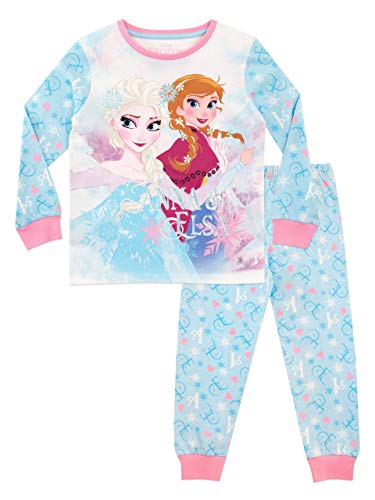 Disney Schlafanzug Mädchen | 100% Baumwolle Frozen Pyjama Kinder | ELSA Eiskönigin und Anna Lang Schlafanzüge Blau 134cm von Disney