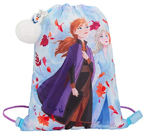 Disney Mädchen Frozen 2 Turnbeutel mit Kordelzug Elsa Anna Schwimmen Sporttasche mit Olaf Schlüsselanhänger, blau, Einheitsgröße von Disney