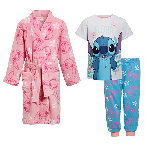 Disney Mädchen Stitch Morgenmantel + Pyjama Set - Passendes 3-teiliges Set Kinder Pink Bademantel + Pjs von Disney