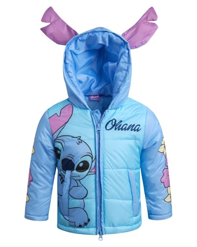 Disney Mädchen Puffer Jacket - Minnie Mouse Lilo & Stitch Full Zip Up Hooded Bubble Puffer Jacket (2T-7), Blau, Stitch, 2 Jahre von Disney