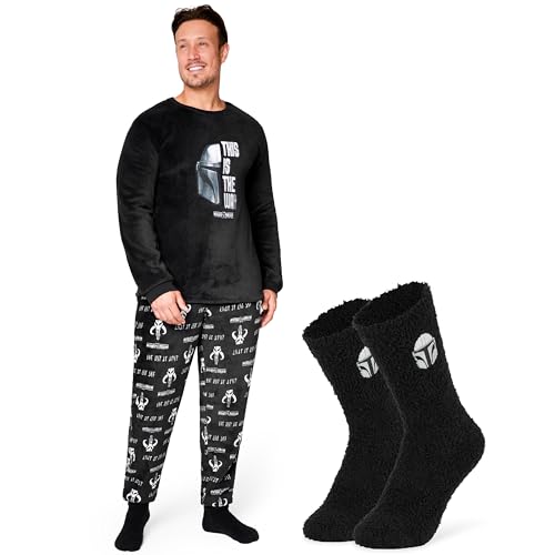 Disney Mandalorian Herren Schlafanzug lang mit Flauschigen One Size Socken - Pyjama Herren mit Taschen in Größe M-2XL (Schwarz, L) von Disney