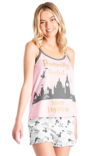 Disney Schlafanzug Damen Kurz, Pyjama Damen Teenager, Pyjama Set Cami Top und Schlafshorts Loungewear Baumwolle Geschenke Stitch Mickey Minnie S-XL(Rosa Mary Poppins, L) von Disney