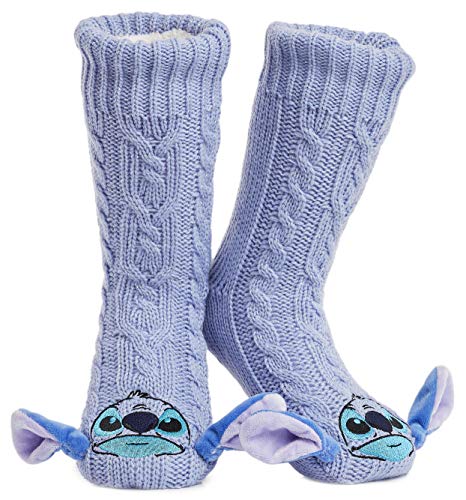 Disney Antirutschsocken Damen mit 3D-Ohren, One Size ABS Kuschelsocken Damen Antirutsch Haussocken Winter Frauen Geschenke (Lila Stitch) von Disney