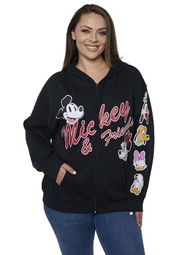Disney Mickey Mouse Damen Zip Hoodie w/Pockets Black Fleece Sweatshirt Daisy Goofy Donald Pluto Regular Plus Size, Schwarz, XL von Disney