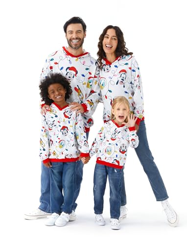 Disney Mickey and Friends Family Matching Christmas Hooded Sweatshirt Casual Mickey Snow Pattern Long Sleeve Pullover Hoodies, Rot/Weiß, Medium von Disney