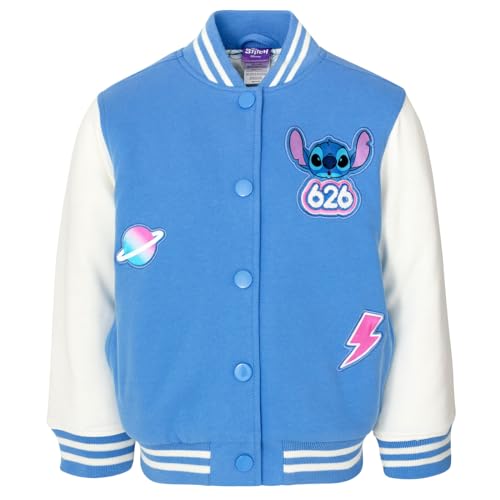 Disney Minnie Mouse Frozen Lilo & Stitch Moana Varsity Bomberjacke für Kinder in großen Kindergrößen (2T - 14-16), Hellblau, Stitch, 10-12 von Disney