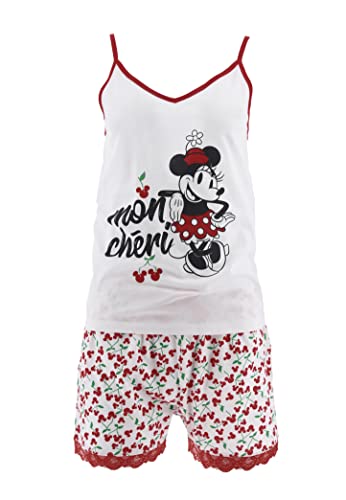 Disney Minnie Mouse T-Shirt und Shorts für Damen, Schlafanzug Baumwolle 2-Teiliges Set für Damen, Minnie Maus-Design, Geschenk für Damen und Teenager | L - Weiß von Disney