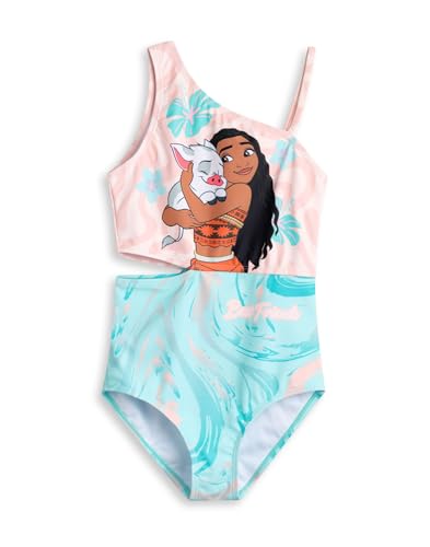 Disney Moana Mädchen-Badeanzug, Rosa und Türkis, einteilig | Beste Freunde Badebekleidung mit floralem Wellendesign | Ärmellose asymmetrische Strandmode – 8–9 Jahre von Disney