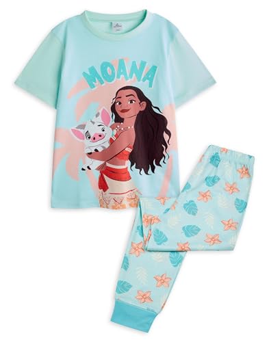 Disney Moana Mädchen Pyjama-Set | Kurzärmliges Oberteil mit Moana- und Pua-Charaktergrafik für Kinder und Pyjamahose mit langem Bein in Blau Kinder-Nachtwäsche von Disney