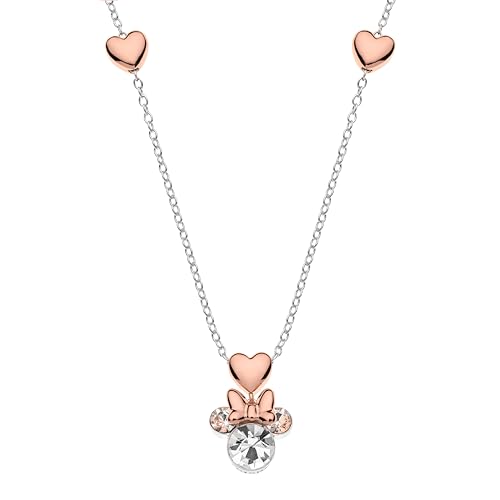 Disney Minnie Mouse Silber Halskette für Mädchen, Zweifarbige Herzen aus Roségold mit Zirkonia, Schmuck von Disney