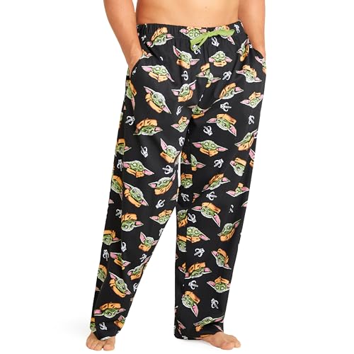 Disney Schlafanzug Hose Herren Freizeithose Lang 100% Baumwolle Jogginghose Teens Männer Pyjamahose mit Kordelzug (XL, Schwarz Baby Yoda) von Disney