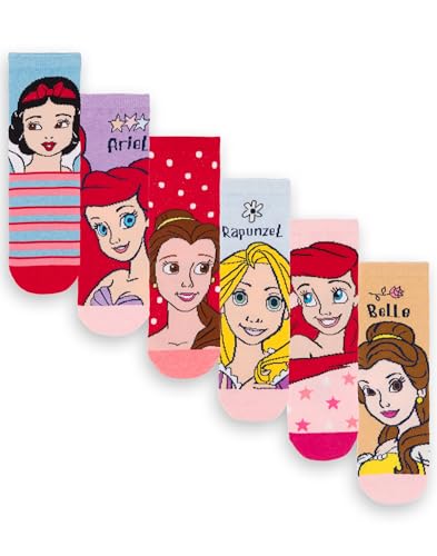 Disney Prinzessin Mädchen 6er Pack Socken | Kinder Mehrfarbige Charaktersocken | Schneewittchen Ariel Belle Rapunzel Grafik Schuhe | Komfortables Kindersocken-Set Bundle Film-Merchandise-Geschenk von Disney