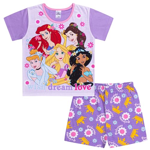 Disney Prinzessin Mädchen Schlafanzug Kurz Pyjama Set Ariel Belle Rapunzel und Jasmin PJ Set, Prinzessin Nachtwäsche Set für Mädchen Alter 2-10 Jahre alt, Flieder, 5-6 Years von Disney