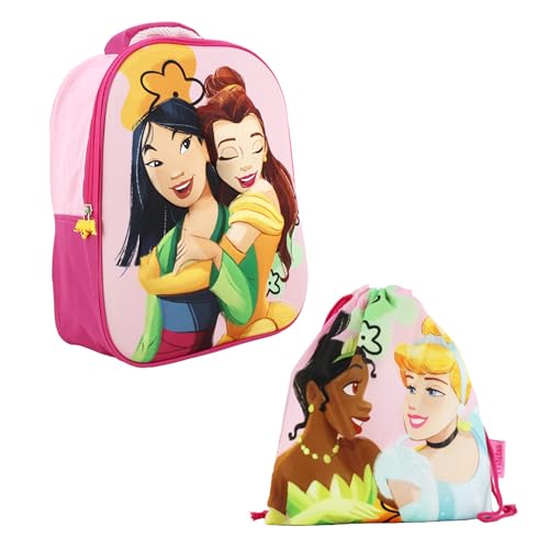 Disney Prinzessin Rucksack und Turnbeutel für Mädchen, Design Mulan Ariel Aschenputtel und Tiana Kinderschulrucksack, Reiserucksack, Kindergeschenk von Disney