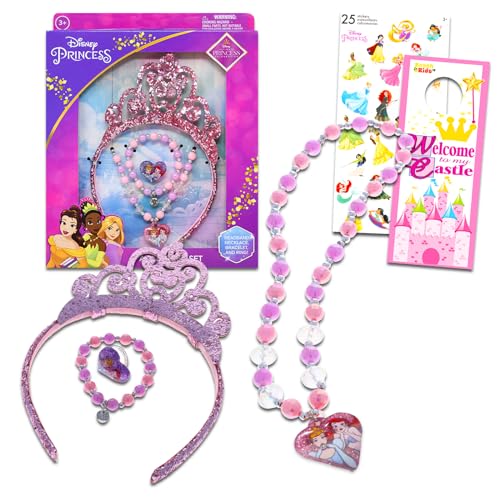 Disney Prinzessinnen-Spielzeug-Tiara und Schmuck für Mädchen – 4-teiliges Set mit Prinzessinnen-Diadem, Halskette, Armband, Ring und Aufklebern, mehr | Disney Prinzessinnen-Verkleidungsset für Kinder, von Disney
