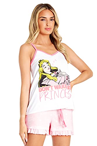 Disney Aurora Damen Schlafanzug, Sleeping Beauty Nachtwäsche Damen, Loungewear Pjama Set Für Damen, Cami Top und Schlafshorts, Baumwolle, Stylisch Geschenk Fã¼r Frauen, Weiß/Rosa, Groß von Disney