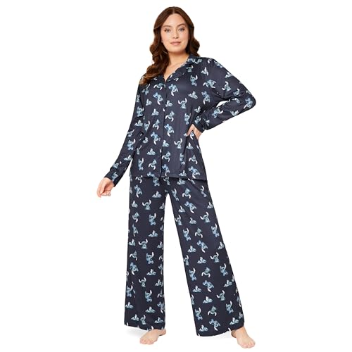 Disney Pyjama Damen S-XL, Stitch Schlafanzug Damen lang mit Knopfleiste, Schlafanzug für Damen, Geschenke (Marineblaue, S) von Disney