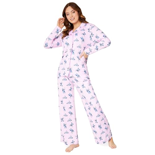 Disney Pyjama Damen S-XL, Stitch Schlafanzug Damen lang mit Knopfleiste, Schlafanzug für Damen, Geschenke (Rosa, L) von Disney